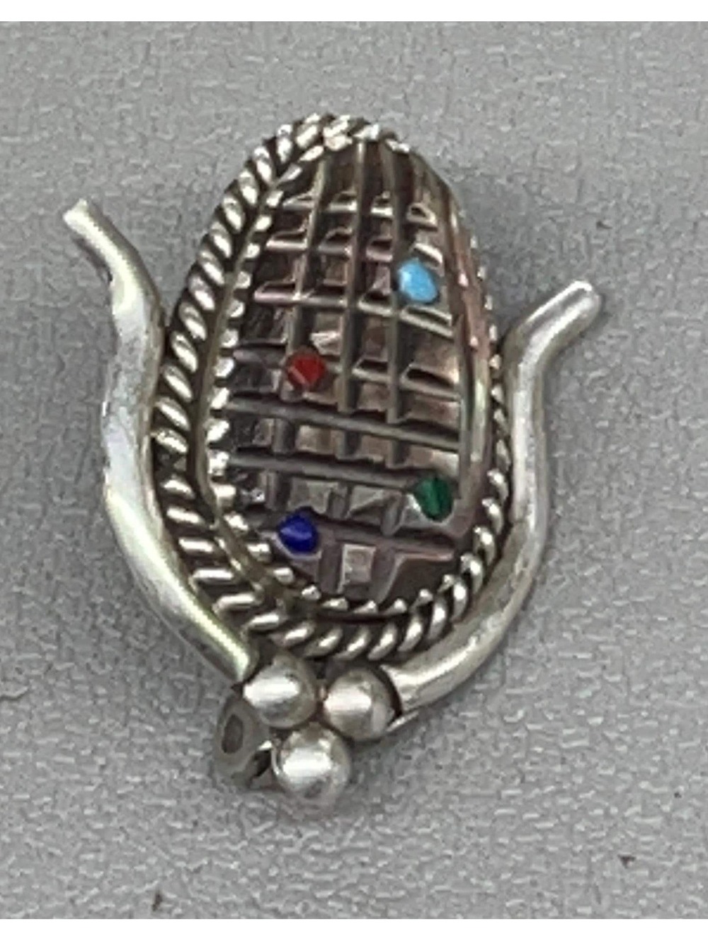 Zuni handmade sterling silver turquoise abalone corn pin inlay vintage